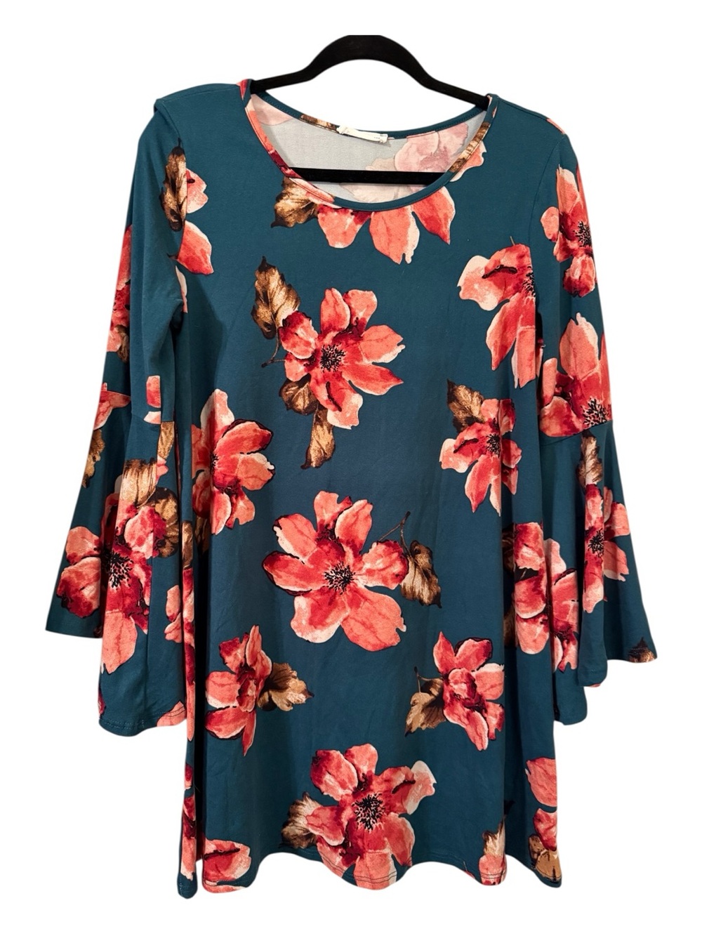Reb & J Floral Tunic Top Medium Teal Bell Sleeve Boho Blouse Floral Top